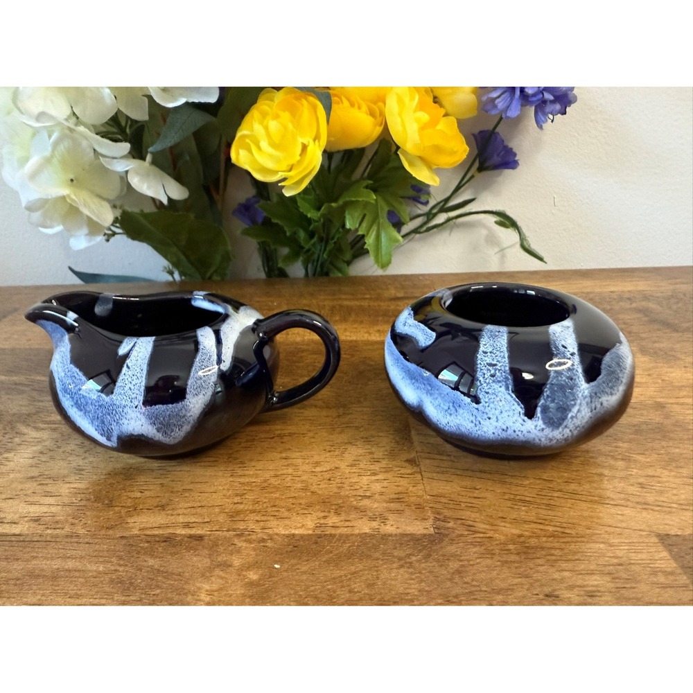 Vintage Blue Mountain Pottery Cream and Sugar Set Blue Granite Drip Glaze‎ Retro